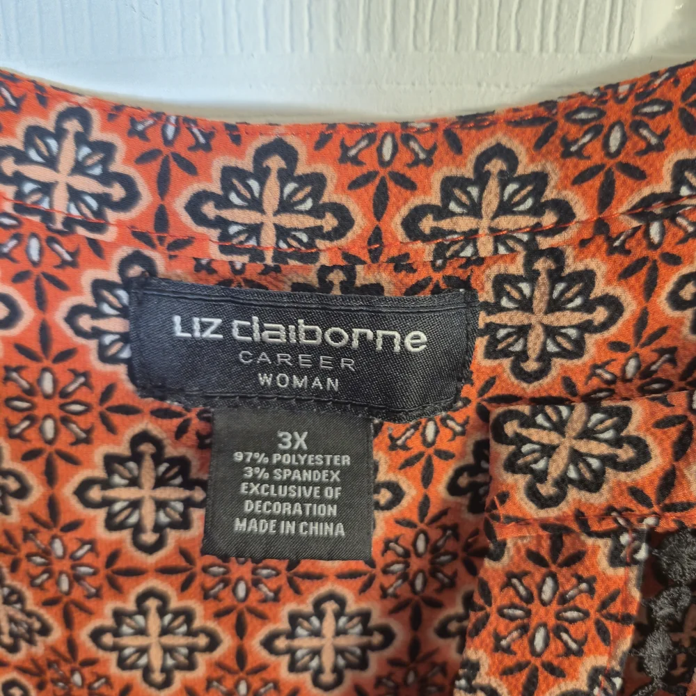 Liz Claiborne 3X Coral Black Geometric Tunic Top Roll Tab Sleeve Boho - Picture 6 of 7